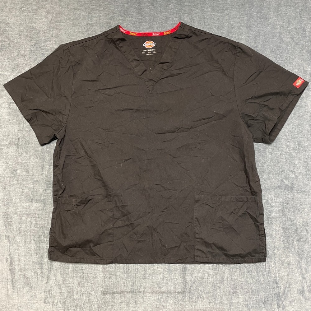 Dickies Scrubs Shirt Mens XL Black Short Sleeve Pockets Medical V Neck Side Slit